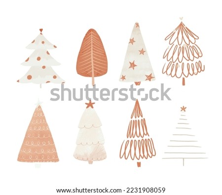 Beautiful Christmas set with cute hand drawn winter fir trees. Stock illustration. Spruce forest. Celebration clip art.