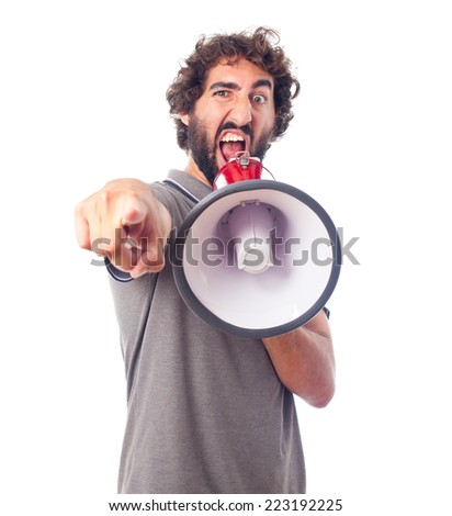 young crazy man angry with a megaphone