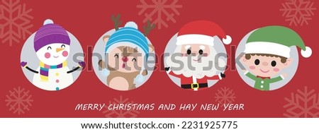 Merry Christmas and happy new year greeting card with cute Santa Claus, snowman, little elf and deer. Holiday cartoon character in winter season HNY vector illustration poster background 
