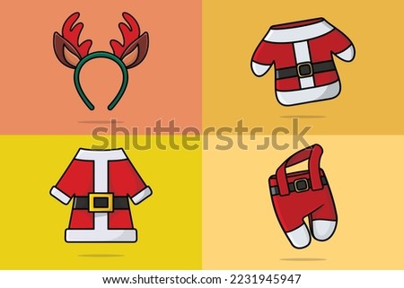 Set of Christmas Santa Claus Coat and headband vector illustration. Holiday objects icon design concept. Kids Suit, Santa Claus Coat and reindeer headband vector design. Christmas celebration element.