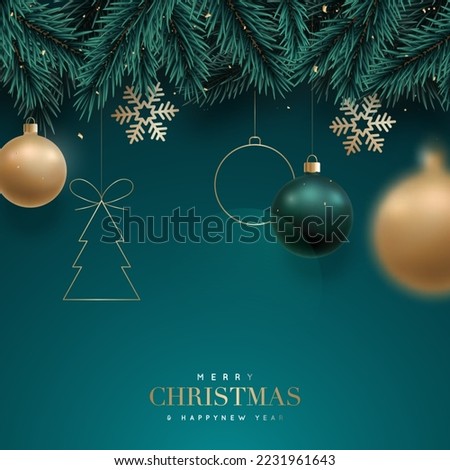 Christmas background with fir branches and balls, snowflakes on green background. Festive design template for winter holidays.  Royalty-Free Stock Photo #2231961643