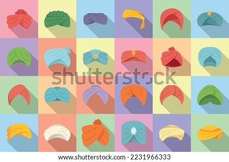 Arabic turban icons set flat vector. Arab hat. Asian farm