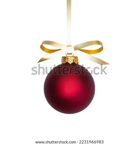 Red Christmas decoration bauble with ribbon bow isolated on white background. Traditional Xmas glass ball on white. Holiday decoration template. Shiny Christmas Bulb with gold spiral ribbon. Royalty-Free Stock Photo #2231966983