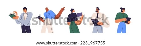 People holding tablet PC, paper documents set. Happy employee characters, experts, advisors with pads in hands. Business men, women consultants. Flat vector illustration isolated on white background