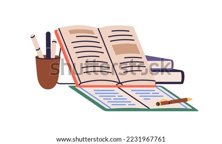 Textbook, exercise book and pen composition. Grammar and language education, study concept. Writing school syllabus, essay, preparation for exam. Flat vector illustration isolated on white background Royalty-Free Stock Photo #2231967761