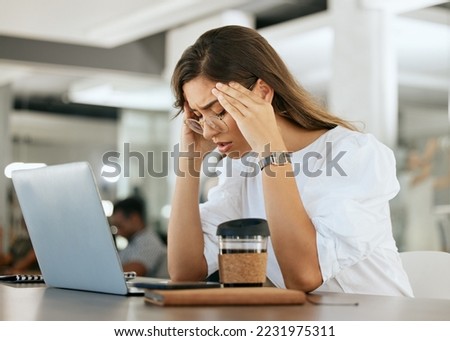 Freelance woman, burnout headache and head pain from work stress, overtime and mental health fatigue problem. Remote worker, tired and unwell while suffering from bad migraine, anxiety and exhaustion Royalty-Free Stock Photo #2231975311