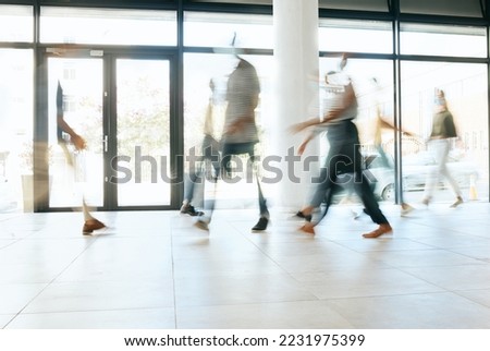 Motion blur, busy office and business people walking, moving or fast speed in workplace, startup company or agency. Group of workers, crowd and employees rush movement in lobby, building and hallway