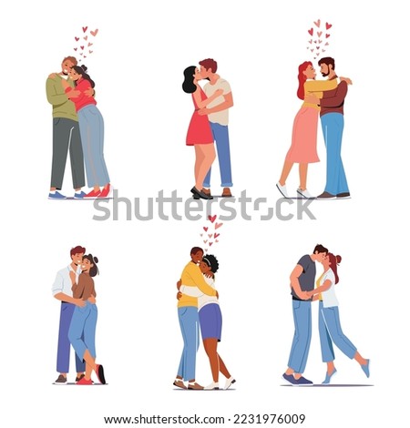 Set Happy Men and Women Kissing and Hugging. Loving Couples Romantic Relations Concept. Male Female Lovers Characters Dating, Love, Connection, Romance Feelings. Cartoon People Vector Illustration Royalty-Free Stock Photo #2231976009