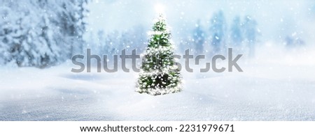 Bright Shining christmas tree in a snowy winter forest