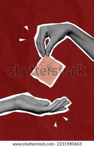 Creative photo 3d collage artwork postcard poster brochure picture of two human arms sharing gifts isolated on painting background