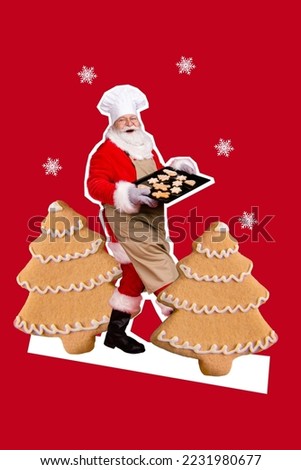 Creative photo 3d collage postcard poster picture invitation card of santa go carry sweets enjoy supper isolated on painting background