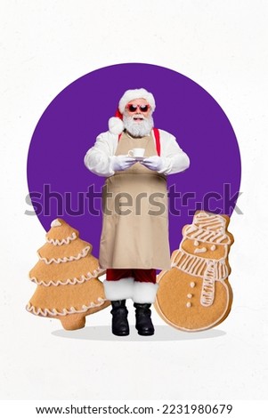 Creative photo 3d collage postcard poster picture card of santa inviting join dinner delicious tasty meal isolated on painting background