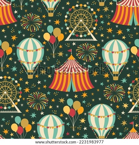 Circus theme pattern. Seamless pattern with vintage carnival elements. Vector illustration.