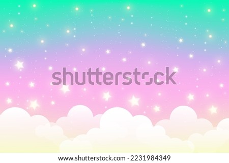 Holographic fantasy rainbow unicorn background with clouds and bubbles. Pastel color sky. Magical landscape, abstract fabulous pattern. Cute candy wallpaper. Vector. Royalty-Free Stock Photo #2231984349