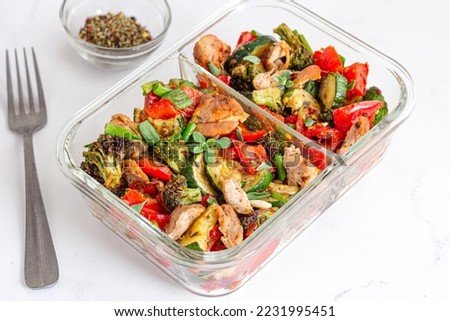 Chicken and Vegetable Salad in a Lunch Box Close Up Photo, Healthy Food Photography