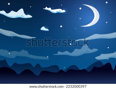 Night cartoon sky with clouds, full moon, moonlight and stars vector background design.
