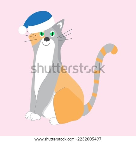A hand-drawn happy cat, tricolor, bringing happiness. A Christmas character for children.Sketch drawing, suitable for postcards, greetings, invitations, stickers and stickers. Vector