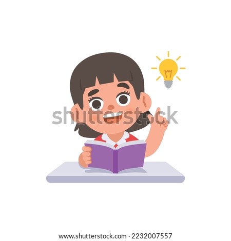 a Asian girl get an idea on the desk with a book and a bulb, illustration cartoon character vector design on white background. kid and education concept.