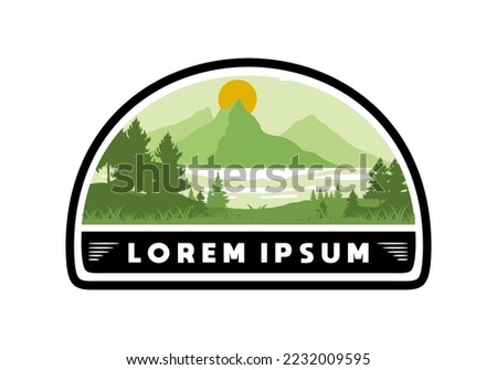 Landscape art illustration of a mountain, lake and pine trees