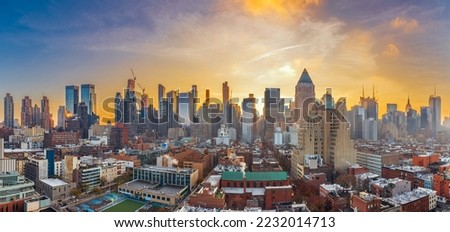 New York, New York cityscape from midtown Manhattan at dawn.