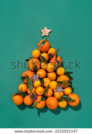 Silhouette of Christmas tree made of
tangerines on green background. Merry Christmas and Happy New Year concept