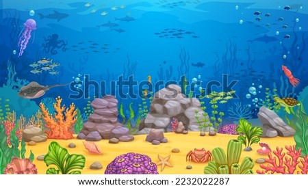 Cartoon underwater landscape, vector background for game with sea bottom, fishes, corals, plants, rock and animals. Tropical ocean floor, marine aquatic scene, undersea game level world Royalty-Free Stock Photo #2232022287