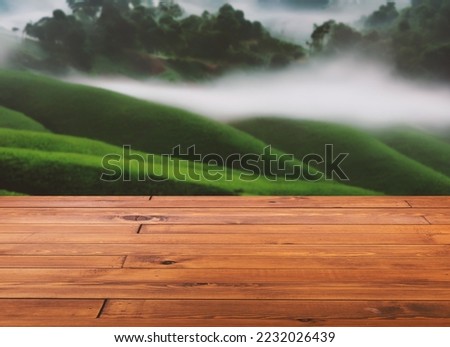 Beautiful brown plank wooden table or desk floor, perspective view, the background of blurred landscape of green hills in the morning with fog. Empty space for products to put on the table.