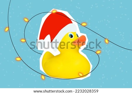 Collage photo brochure of big yellow santa claus duck wear hat near doodle decor garlands greetings toy present isolated on blue color background