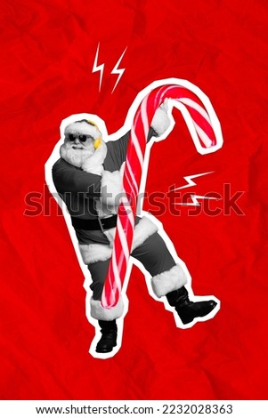 Collage photo of old age saint nicholas wear sunglass new costume fat grandfather hold sweet candy cane dancing isolated on red color background