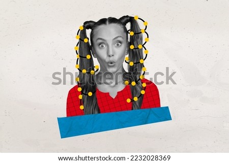 Collage photo picture of young funky girl pouted lips air goofy face ponytails hairstyle with christmas decorated lights isolated on white background