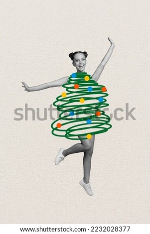 Collage photo picture of youngster girl funky dancing jumping celebrate doodle green xmas tree with baubles adornment isolated on white background