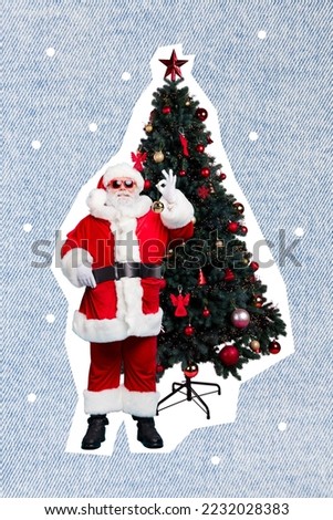 Christmas poster collage of funny santa claus stand pine tree make okay symbol advertise great gifts on snowy background