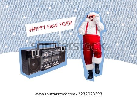 Christmas collage brochure of santa claus move dance floor on new year event listen carols songs on snowy background