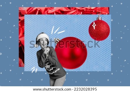 Collage picture of excited funky black white gamma girl hands hold carry big xmas tree toys ball isolated on creative background