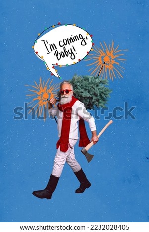 Collage photo of old age confident cool grandfather santa claus bring axe go from forest evergreen xmas tree praparation isolated on blue background