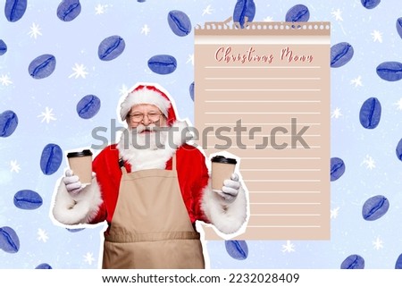 Creative collage picture of aged cheerful santa hands hold coffee mugs christmas menu paper list isolated on painted background