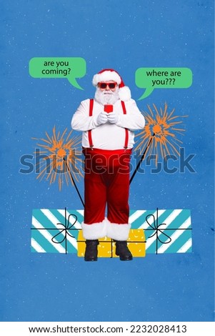 Collage photo banner of old grandfather wear red santa costume nice sunglass hold phone get orders xmas messages isolated on blue color background