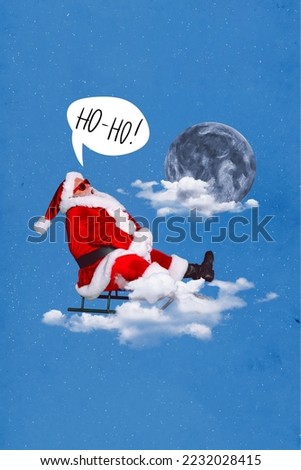 Christmas postcard collage of funny santa claus flying in sky presents delivery say ho ho on blue color background