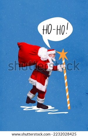 Collage postcard of old age pensioner wear red santa claus costume walking with big gift bag hold festive stick isolated on blue color background