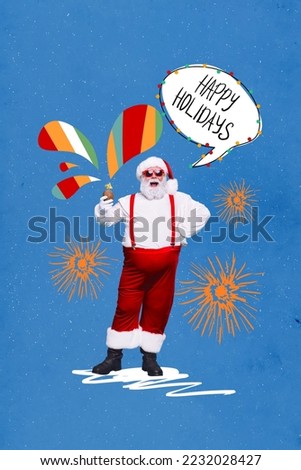Collage photo picture of old age pensioner santa wear sunglass hold mohito coconut drink enjoy christmas holidays isolated on blue color background