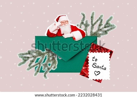Creative collage picture of mini grandfather santa big envelope letter fir tree branch isolated on drawing background