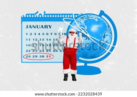 Collage picture of excited funky mini santa hold small paper plane planet earth globe january festive weekend days calendar