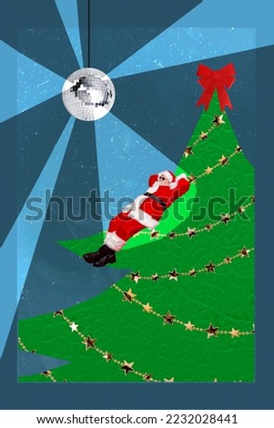 Vertical collage picture of peaceful funky mini santa claus take nap painted newyear tree hanging glowing disco ball
