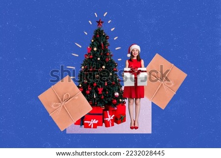 Creative collage of excited funny girl hands hold newyear festive giftbox decorated pine fir tree isolated on drawing background
