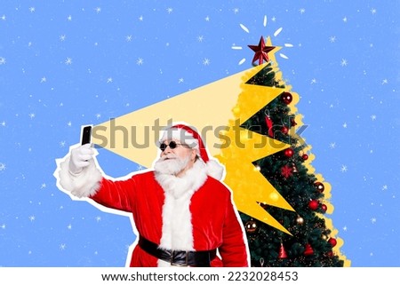 Creative collage image of funny aged santa hold telephone make selfie decorated festive tree isolated on painted background