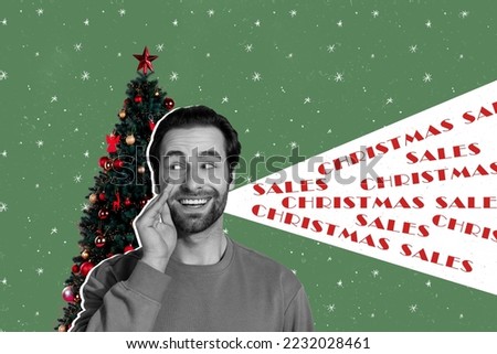 Creative collage image of black white effect excited guy say tell christmas sale offer newyear decorated tree isolated on drawing background