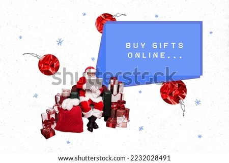 Collage picture of mini santa claus use netbook buy newyear gifts online pile stack giftbox tree toys isolated on festive background