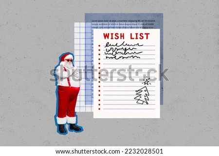 Creative collage picture of mini funky santa claus hold notepad pen write wish list big paper page isolated on painted background