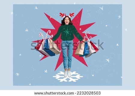 Creative collage of overjoyed funky girl hold shop packages jumping drawing snowflake isolated on festive background