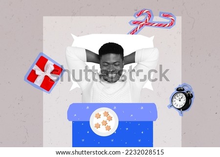 Collage photo picture of young smiling positive guy home sleep nap chill pillow miracle near christmas gift with candies isolated on grey background